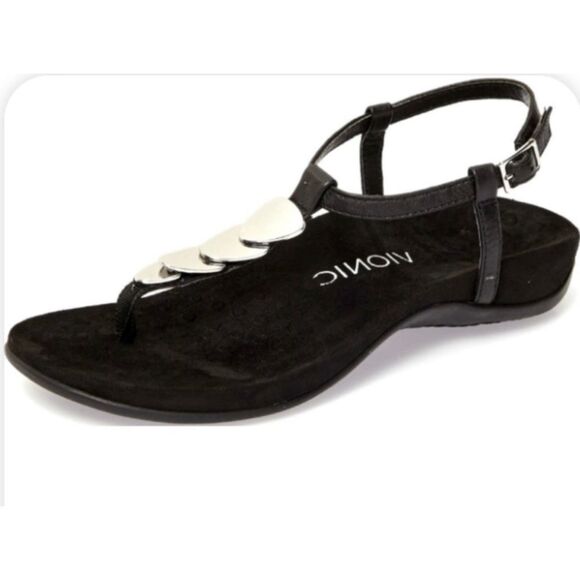 Vionic Women’s 7 Miami T-Strap Sandals Black Silver Comfort - Picture 1 of 8